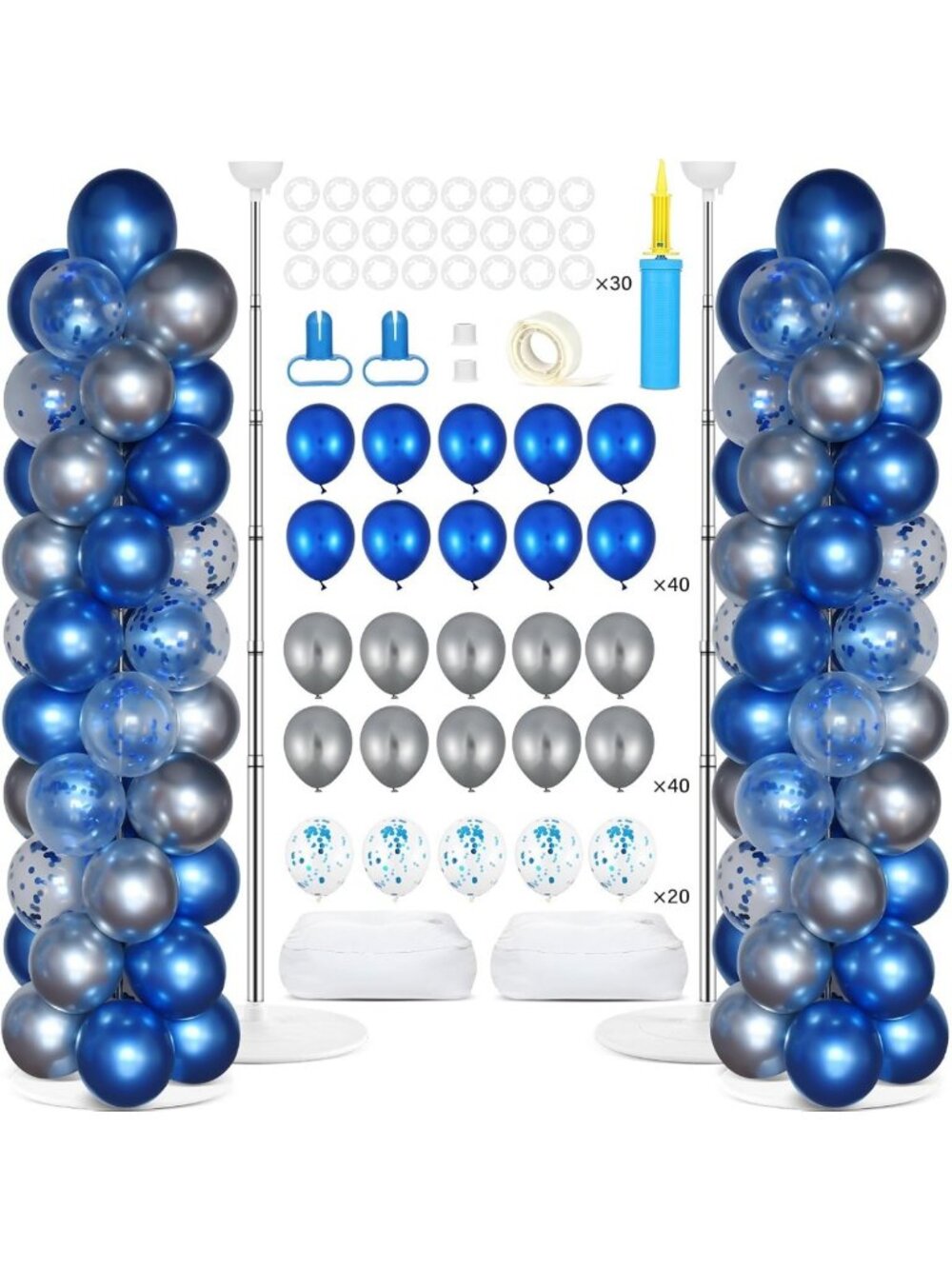 Adjustable Balloon Column Stand Kit - 2 Sets with Bases, Navy Blue & Silver